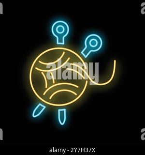 Bright neon sign depicting yarn ball with knitting needles glowing on dark background, perfect for handmade craft projects or knitters Stock Vector