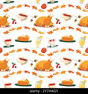 Traditional Happy Thanksgiving festive dishes vector seamless pattern. Roast turkey, cranberry sauce, pumpkin pie cartoon design decorative element. Stock Vector