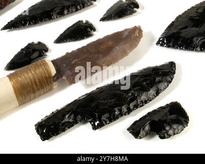Stone Age Knife with Bone Handle and Obsidian Blade isolated on white Background Stock Photo