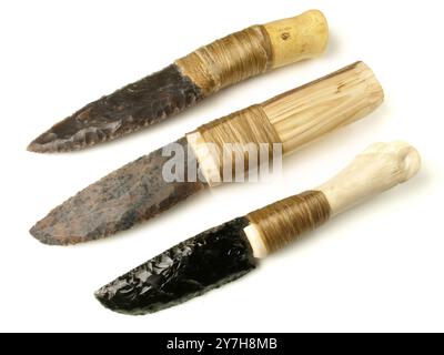 Stone Age Knives with Flintstone and Obsidian Blade isolated on white Background Stock Photo