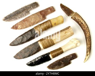 Stone Age Knives with Flintstone and Obsidian Blade isolated on white Background Stock Photo