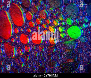 A macro shot  showing patterns and colours of  oil drops floating on a  water. Stock Photo