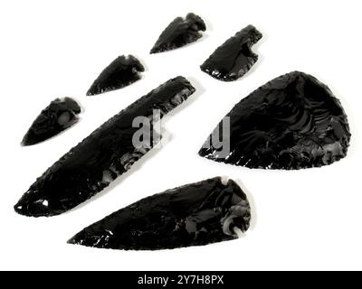 Stone Age Obsidian Blades isolated on white Background Stock Photo