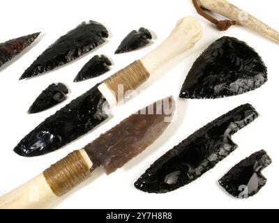 Stone Age Knife with Bone Handle and Obsidian Blade isolated on white Background Stock Photo