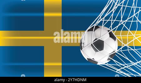 Soccer or Football ball in Goal Net Isolated on Sweden Shaded Flag, Sports Accessory Equipment for Playing Game, Championship Stock Vector