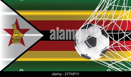 Soccer or Football ball in Goal Net Isolated on Zimbabwe Shaded Flag, Sports Accessory Equipment for Playing Game, Championship Stock Vector