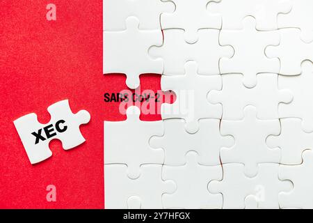 XEC, the newest subvariant of the SARS CoV-2 virus. White puzzles on a red background reveal the inscription XEC and sars cov-2. Copy space. medical c Stock Photo