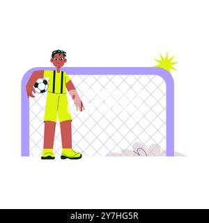 Male soccer player standing next to goalpost with soccer ball, isolated flat vector illustration symbolizing sports, goalkeeping, and football Stock Vector