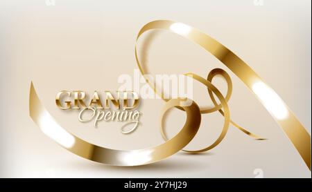 Grand opening sparkling banner. Text composition with golden splashes and ribbons. Gold sparkles. Elegant style. Stock Vector
