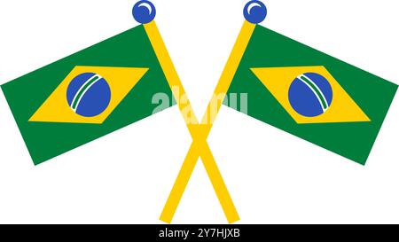 A vibrant vector illustration of crossed Brazilian flags in a flat cartoon style. Tourism campaigns, design brochures, flyers, or packaging featuring Stock Vector