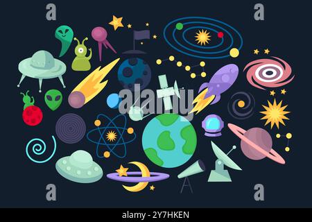 Vector graphic collection of vibrant illustrations of planets, moons, stars, celestial bodies, orbiting satellites in a cartoon style. Wonders of the Stock Vector