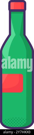 Vector green glass bottle for wine in a bright outline style. Packaging of food supply, storage, and delivery symbol. The icon is suitable for web des Stock Vector