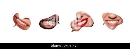 Collage. Speech bubbles with four mouths, each with different smile and skin tone, cut out of paper and arranged in a row. Stock Photo