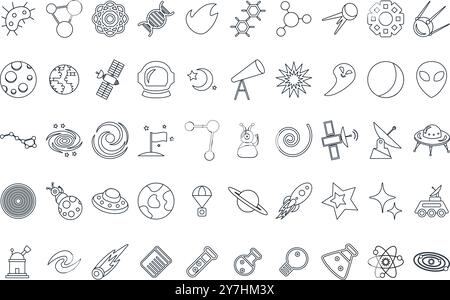 Vector graphic collection of planets, moons, stars, celestial bodies, orbiting satellites illustrations in a cartoon outline style. Wonders of the uni Stock Vector