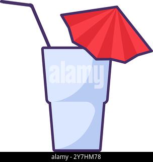 Vector cocktail glass with a tube and a cocktail umbrella for cocktails, shakes, juice, and other beverages in a bright outline style. Tableware for p Stock Vector