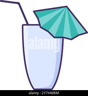 Vector milkshake or cocktail glass with a tube and a cocktail umbrella for milkshakes, juice, cocktails in a bright outline style. Tableware for picni Stock Vector