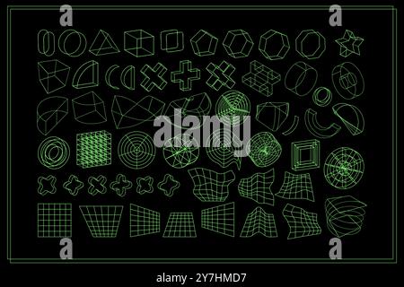 Y2K Vector Rave Psychedelic Futuristic Objects Pack in trendy neon green black style. Surreal retro abstract geometric wireframe shapes, crypto or cyb Stock Vector