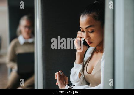 Young female entrepreneur talking on smart phone while checking time sitting in booth at office Stock Photo