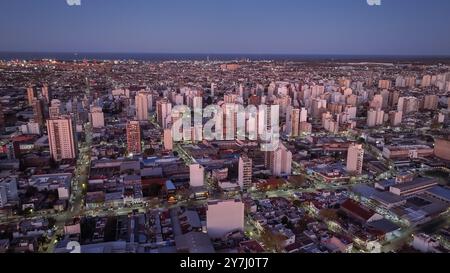 Aerial photo of the city of Buenos Aires, at sunset. Rio de la Plata in the background. Stock Photo