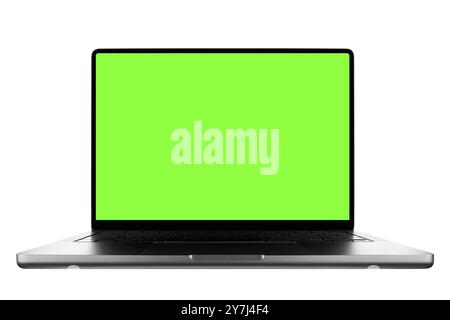 Laptop Mockup with chroma key green screen isolated on a white background, Based on a High-quality Studio shot, Front View, Laptop frameless design Stock Photo