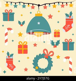 New Year s Eve set with gift boxes, garland and Christmas wreaths. New Year attributes on yellow background Stock Vector