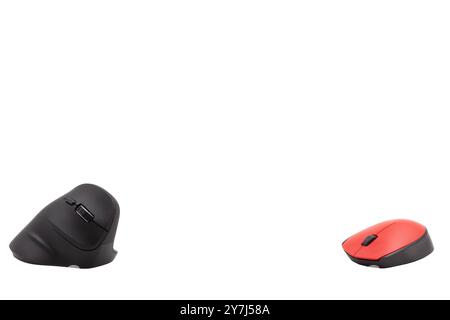 Vertical black and horizontal red computer mouse on a white background against each other. Horizontal. Background. Template. Photo in high quality Stock Photo