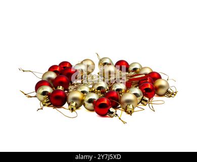 Lots of red and gold colored Christmas balls. Decorations for the Christmas tree. Christmas toys. Stock Photo