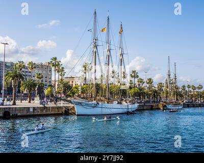 A tall ship moored at Port Vell in Barcelona, Spain Stock Photo