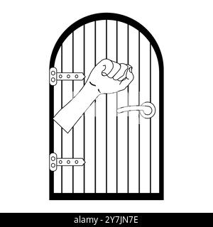 Hand Knocking on Wooden Door Icon, Minimalist Hand Knocking on Door Illustration, Knocking Hand on Door Outline Illustration Stock Vector