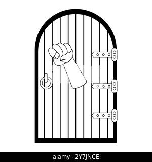 Hand Knocking on Wooden Door Icon, Minimalist Hand Knocking on Door Illustration, Knocking Hand on Door Outline Illustration Stock Vector
