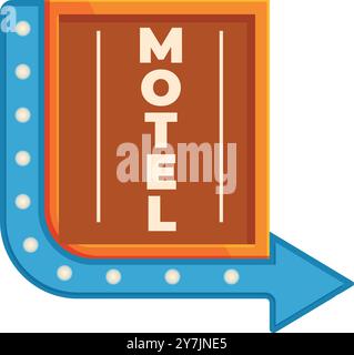 Vintage motel sign with an arrow pointing right, adorned with bright light bulbs, evokes a sense of roadside nostalgia Stock Vector