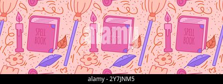 Halloween pattern with spell book with quill, candle, and witch broom. Magic party texture in orange, pink and purple color. Stock Vector