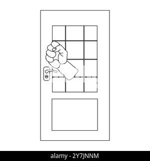 Hand Knocking on Wooden Door Icon, Minimalist Hand Knocking on Door Illustration, Knocking Hand on Door Outline Illustration Stock Vector