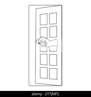 Hand Knocking on Wooden Door Icon, Minimalist Hand Knocking on Door Illustration, Knocking Hand on Door Outline Illustration Stock Vector