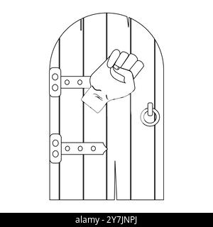 Hand Knocking on Wooden Door Icon, Minimalist Hand Knocking on Door Illustration, Knocking Hand on Door Outline Illustration Stock Vector