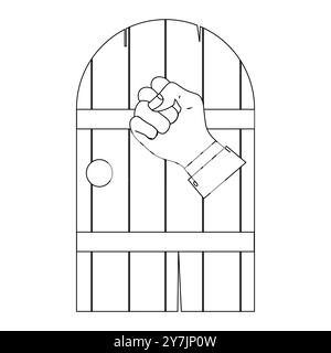 Hand Knocking on Wooden Door Icon, Minimalist Hand Knocking on Door Illustration, Knocking Hand on Door Outline Illustration Stock Vector