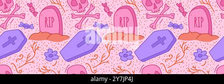 Spooky halloween pattern with grave and coffin. Stock Vector