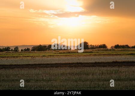 Beautiful sunset over the field after harvest. Susiec, Roztocze, Poland Stock Photo