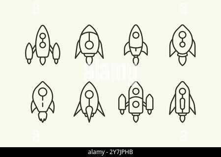 Minimal rocket and spaceship line stroke illustration icon set design with various style Stock Vector