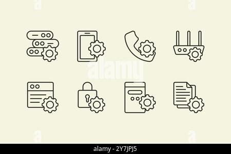 Setting gear line illustration icon set with various digital and analogue device and document Stock Vector