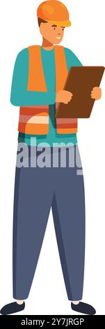 Construction manager wearing orange vest and hardhat holding clipboard, inspecting building site Stock Vector