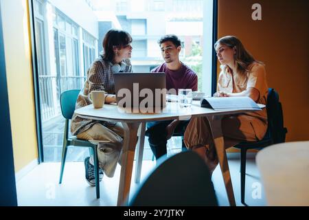 Three colleagues discuss and collaborate in a shared office, using a laptop and documents. The setting promotes teamwork and productivity. Stock Photo