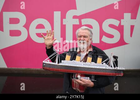 Andy Garrison 75, prepares to board the Villa Vie Odyssey cruise ship at Belfast Port's Cruise Ship Terminal, after the luxury cruise ship became marooned in Belfast for four months due to unexpected repair works. Picture date: Monday September 30, 2024. Stock Photo