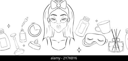 Vector seamless pattern border of different outline bottles, tubes, flacons, cosmetic products in doodle style. Texture on theme beauty industry, skin Stock Vector