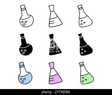 Set of laboratory flask icons with colored versions, black silhouettes, black outlined flasks with liquid, isolated on white background. Concept of sc Stock Vector