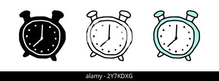 Hand-drawn Set of alarm clock icons featuring colored illustration, black silhouette, and black outline, isolated on a white background. Concept of ti Stock Vector