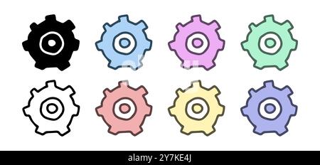 Set of gear icons featuring colored illustrations, black silhouette, and black outline, isolated on a white background. Concept of mechanics, engineer Stock Vector