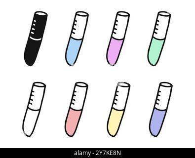 Set of laboratory test tubes featuring colored illustrations, black silhouette, and black outline versions. Isolated on white background. Concept of s Stock Vector