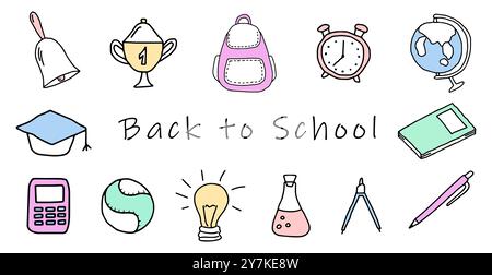 Set of hand-drawn back to school icons with bell, trophy, backpack, clock, globe, calculator, baseball, lightbulb, flask, compass, notebook isolated o Stock Vector