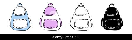 Set of backpacks featuring colored illustrations, black silhouette, and black outline versions. Isolated on white background. Concept of school access Stock Vector